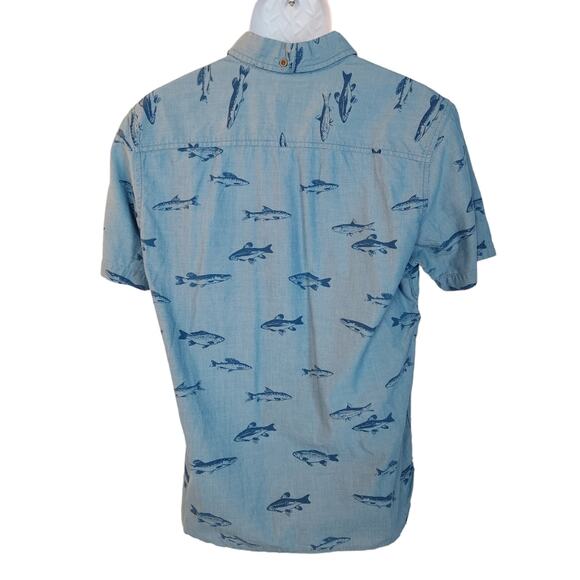 Chevignon Shirt Short Sleeve Mens Large Slim Fit Blue Fish Print Buttonup - Picture 7 of 9
